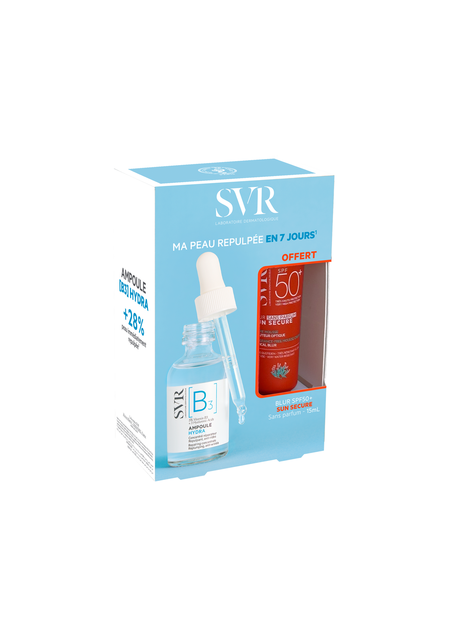 SVR Ampoule B3 Hydra - oferta Sun Secure Blur SPF50+ sem perfume 15ml